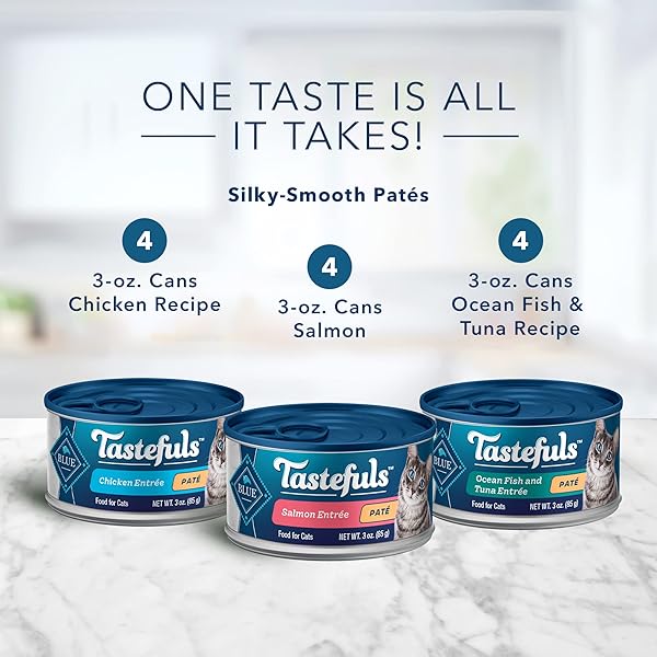 BLUE BUFFALO TASTEFULS NATURAL PATE WET CAT FOOD VARIETY PACK, SALMON, CHICKEN, OCEAN FISH & TUNA ENTRÉES 3-OZ CANS (12 COUNT – 4 OF EACH FLAVOR)