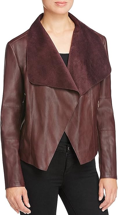 Bagatelle Women's Long-Sleeve Faux-Leather Draped Jacket (Wine, Large) at Amazon Women's Coats Shop