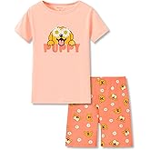 Topgal Girls Cotton Knit Pajamas Toddler Summer Top & Shorts Sung Fit Cartoon Print Sleepwear Clothes Set Size 4-14