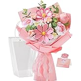 Alecono Crochet Flower Bouquet, Pink Handmade Knitted Flowers, Crochet Tulips Galsang Flower for Valentines Day Lover Anniversary Birthday Mother's Day Graduation Gifts (with Card)