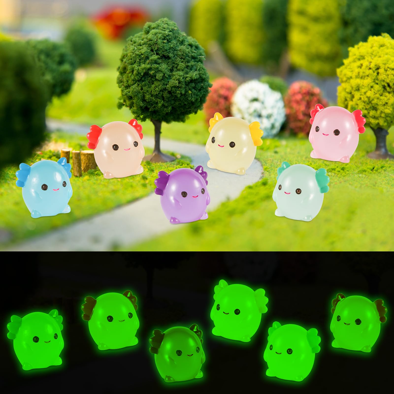 NQEUEPN 30pcs Luminous Mini Resin Squishy Axolotl, Glow in the Dark Mini Axolotl Figurines Miniature Axolotl Figurines Tiny Axolotl Figures Mini Resin Animals for Garden Landscape Crafts Cake Decor