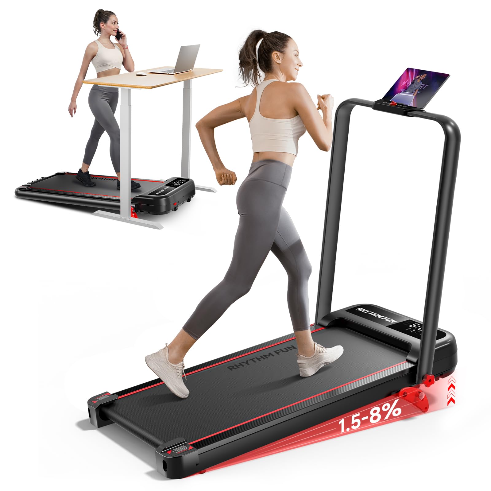 Photo 1 of RHYTHM FUN Incline Foldable Treadmill, Walking Pad Treadmill with Incline, 300 lbs Portable Treadmills with Handles for Home Office Use, Under Desk Compact Walking pad with LED Display & APP