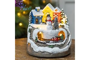 TIJNN Christmas Village Statues，Christmas Village Houses Architectural Decorations Snowman Spinning Train LED Lights with Music Battery or USB Christmas Home Decor Gifts Festive Holiday Decorations