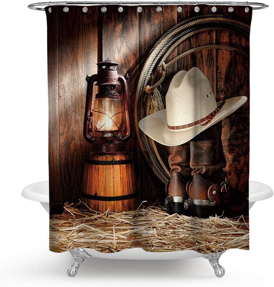 Western Theme Shower Curtains Rodeo Cowboy Boots Hat Gun