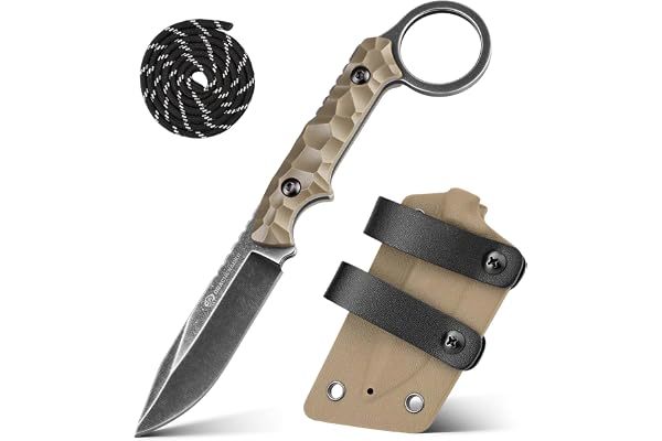 DRACHENADER EDC Fixed Blade Knife, Full Tang 5Cr13MoV Stone Wash Blade, Khaki ABS Handle with Finger Ring, Kydex Sheath, Comp