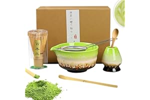 AMERZAM Japanese Matcha Set - Complete Ceremony Collection with Bamboo Whisk (Chasen), Scoop, Stainless Steel Sifter, Stoneware Bowl & Whisk Holder