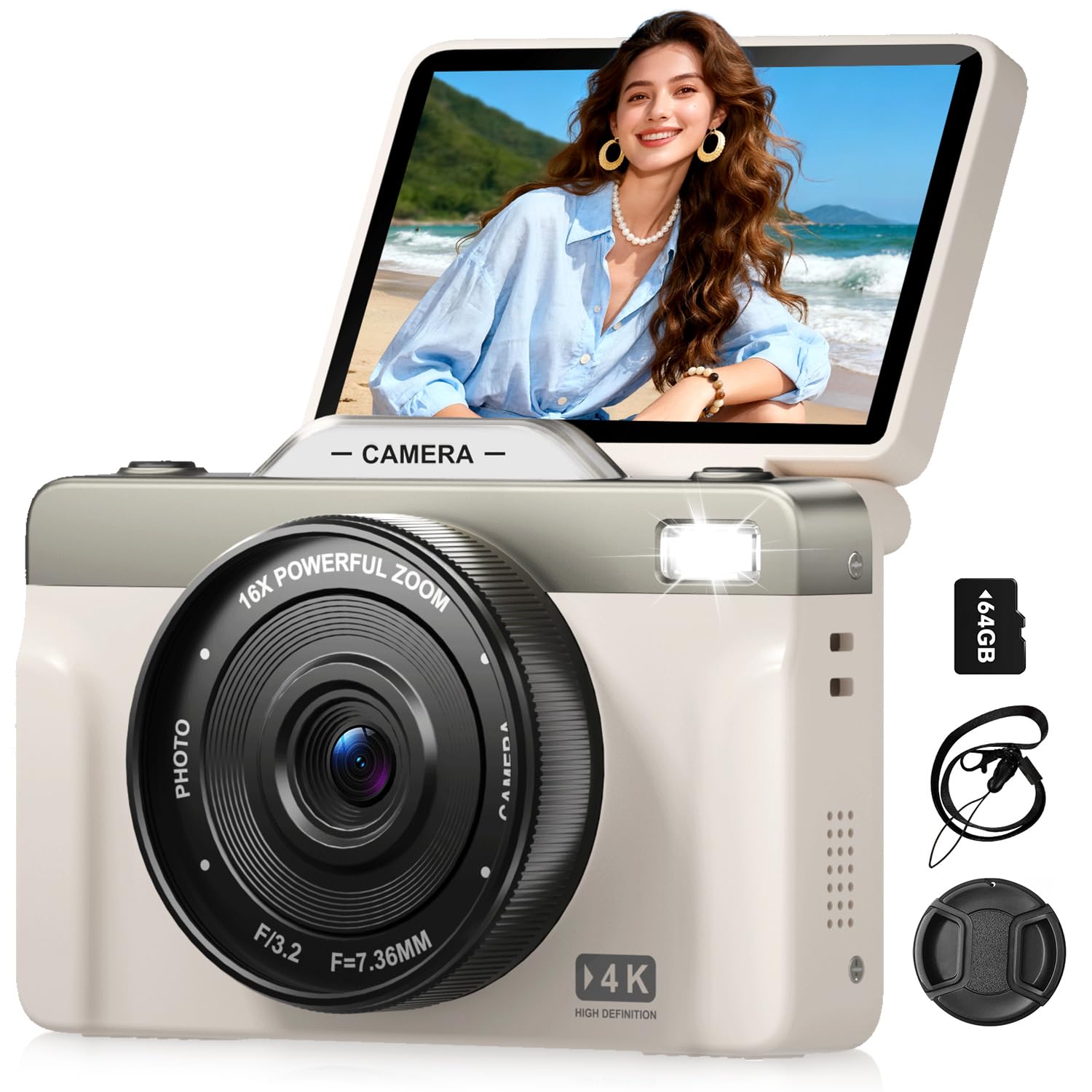 Photo 1 of 4K Digital Cameras for Photography, 64MP Autofoucs Vlogging Camera for YouTube with 3" 180° Flip Screen,16X Zoom Compact Travel Camera for Beginners Teens with 64GB Card (White)