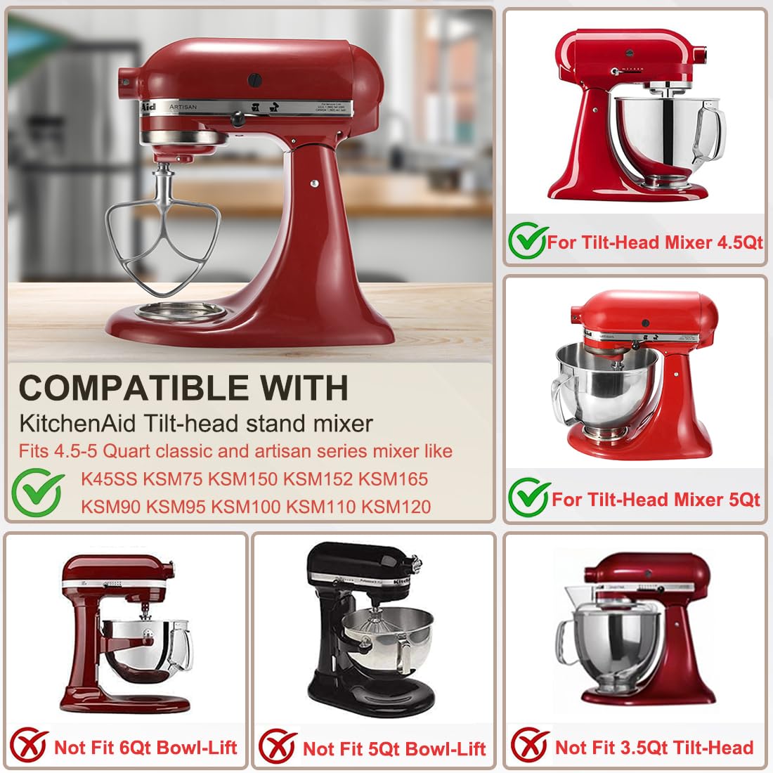 Stainless Steel Flat Beater Attachment for Kitchenaid 4.5-5 Qt Tilting Head Stand Mixer, Replacement Paddle Fits KitchenAid Classic and Artisan Series Mixers, Dishwasher Safe