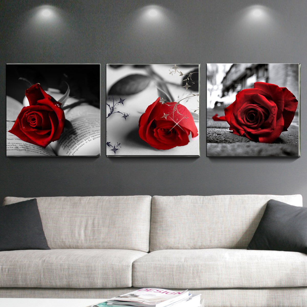 Red Rose Flowers Gray Book Canvas Wall Art Pictures Canvas Prints for Home Decorations Ready to Hang Set of 3 Panels