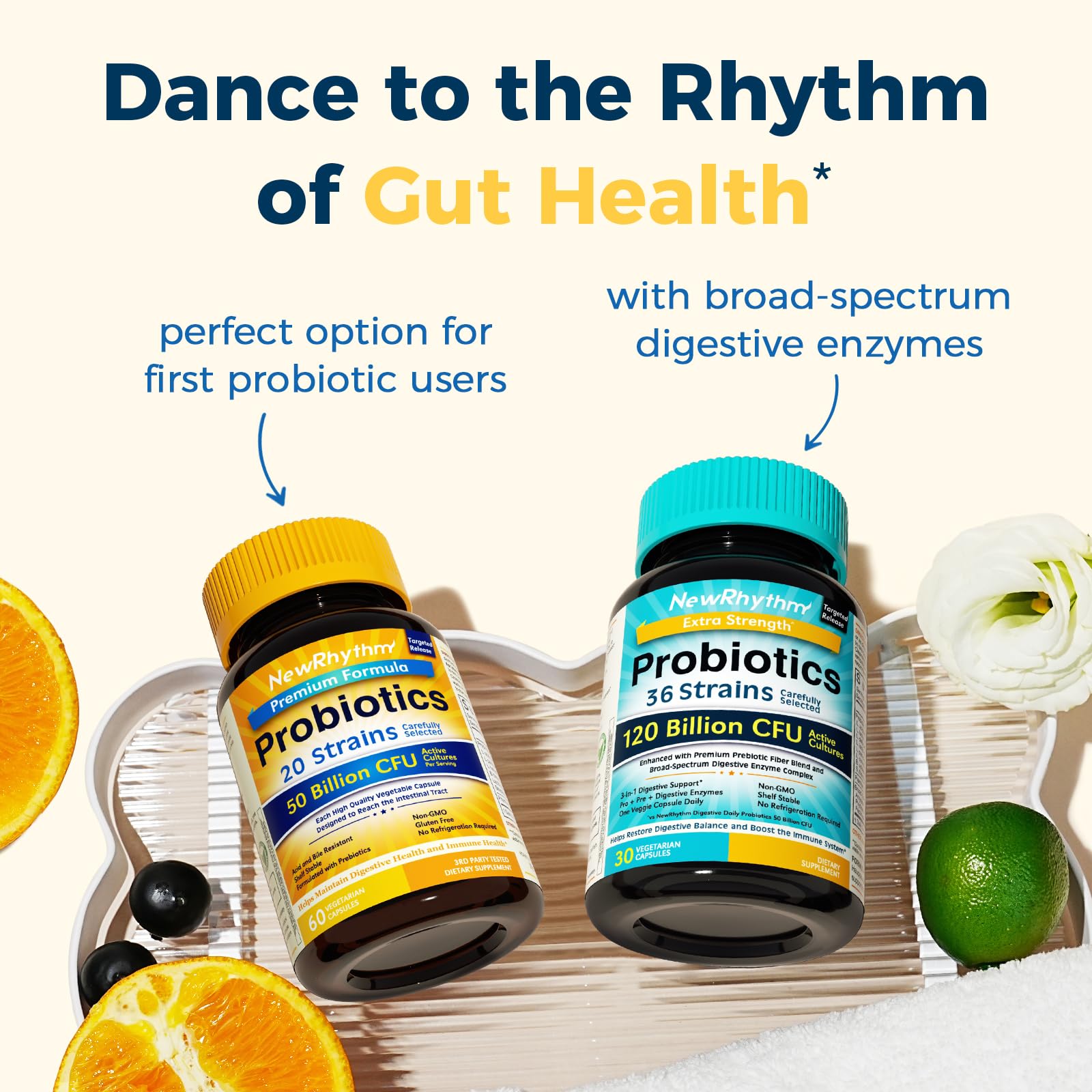 NewRhythm Probiotics 50 Billion CFU 20 Strains, 60 Veggie Capsules, Targeted Release Technology, Stomach Acid Resistant, No Need for Refrigeration, Non-GMO, Gluten Free