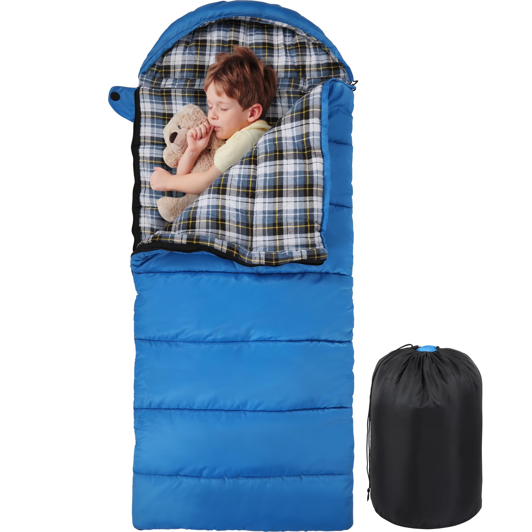 Photo 1 of REDCAMP Kids Sleeping Bag for Boys Girls, Cold Weather Flannel Sleeping Bag with Detachable Hood for Backpacking Camping Hiking, Navy Blue