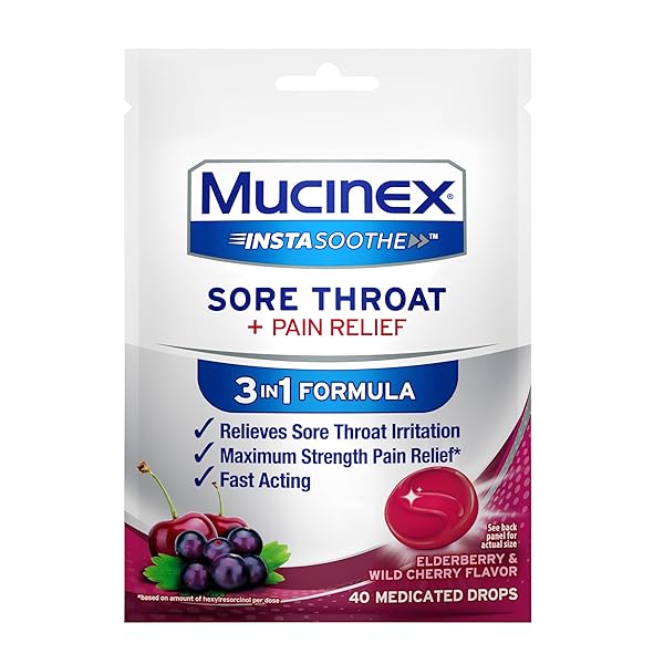 MUCINEX INSTASOOTHE SORE THROAT RELIEF, SORE THROAT LOZENGES, SORE THROAT MEDICINE WITH HEXYLRESORCINOL, COUGH DROPS ALTERNATIVE, 40 ELDERBERRY & WILD CHERRY MEDICATED NUMBING THROAT DROPS