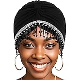 Bohend Beaded Rhinestone Turban Hat Knot Headwrap Beanie Pre Tied Pleated Headscarf Bonnet Women Tassel Head Cover Caps