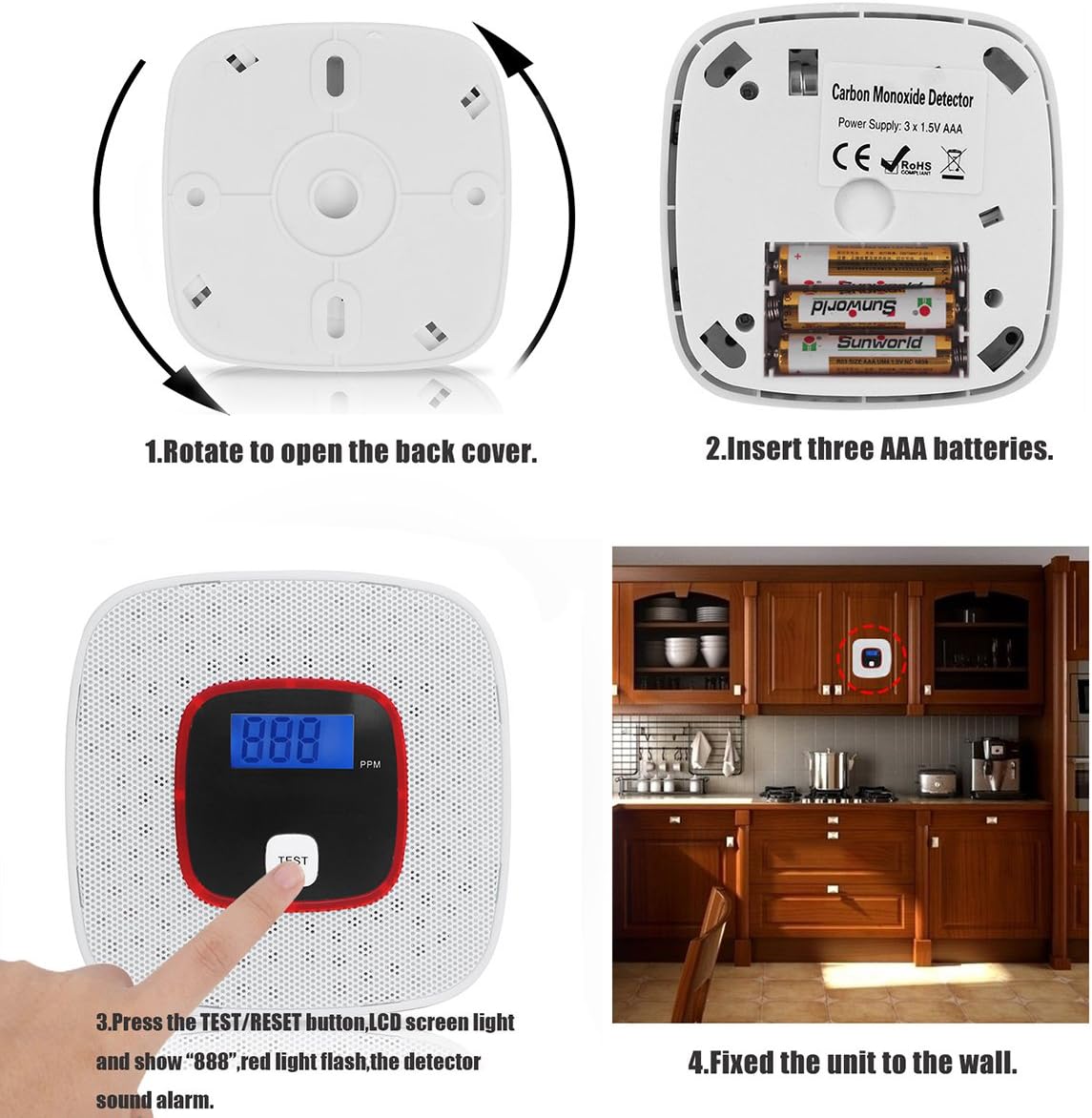 Carbon Monoxide Detector 3 Pack CO Alarm Detector Voice Notification, LCD Digital Display, Battery Operated for House, Bedroom, Living Room, Garage, Hotel, Office (AAA Batteries NOT Included) - - 