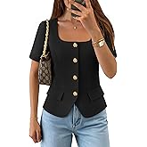 ZESICA Women's Trendy Vests Top 2026 Spring Summer Square Neck Short Sleeve Blazer Button Down Crop Casual Work Blouse