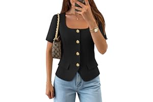 ZESICA Women's Trendy Vests Top 2026 Spring Summer Square Neck Short Sleeve Blazer Button Down Crop Casual Work Blouse