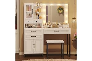 BTHFST Makeup Vanity Desk with Mirror and Lights & Charging Station & Makeup Stool, Vanity Table Set with Glass Top Storage Drawer & Beach & 3 Shelves for Bedroom (Modern White & Black)