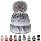 Women's Winter Beanie Hat -Cashmere Inner Layer Chunky Knit Pom-Pom Stocking Cap for Women Cold Weather