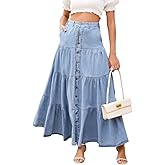 ebossy Women's Tiered Button Down Denim Maxi Skirts High Elastic Waist Pleated Swing A-Line Jean Skirts with Pockets