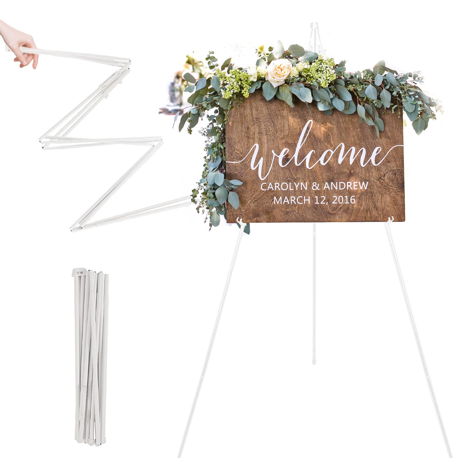 MR.HOKWY White Easel Stand for Wedding - Foldable Portable 168cm High Display Easel Poster Stand - Easy to Fold Retractable Adjustable Black Easel Artists Easel Indoor and Outdoor(1 Pack)