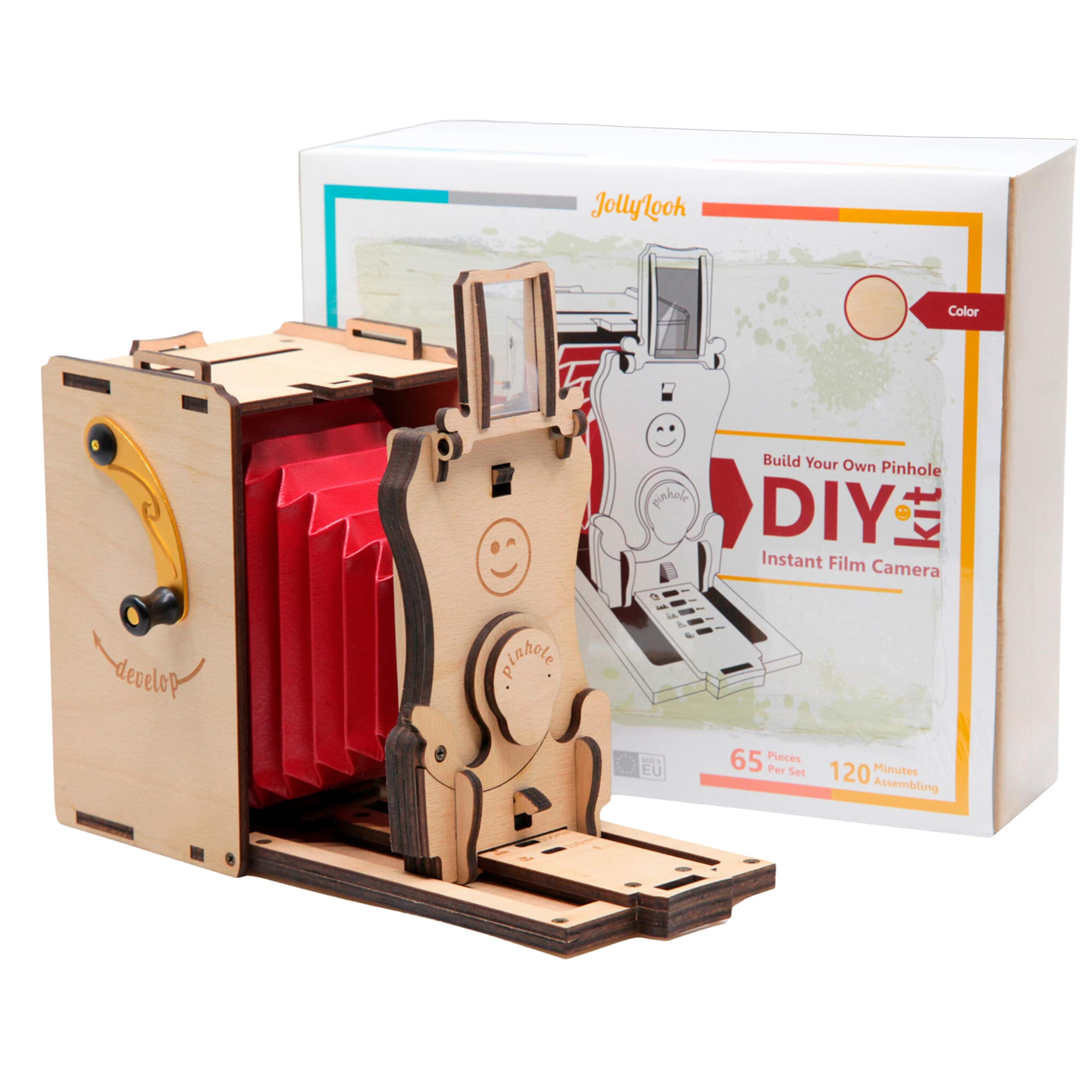 Jollylook Pinhole Instant Film Camera Building Set - 3D Wooden Puzzle for Adults - Retro Vintage Steampunk Mechanical Wood Model to Build - Compatible with Instax Mini Film (Not Included)