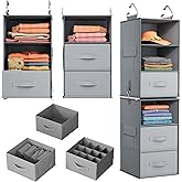 Pipishell 6-Shelf Hanging Closet Organizer with 2 Separable 3-Tier Shelves, 3 Drawers & Side Pockets Closet Organizers and Storage for Wardrobe Organization and Nursery Clothes Organizer, Gray