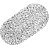 WELTRXE Pebbles Bathtub Mat Non Slip Oval Shower Mat with Suction Cups, Drain Holes, 27 x 14 Inch Plastic Bathroom Tub Mats Machine Washable, BPA, Latex Free Safety Mat for Bath Tub, Clear Gray