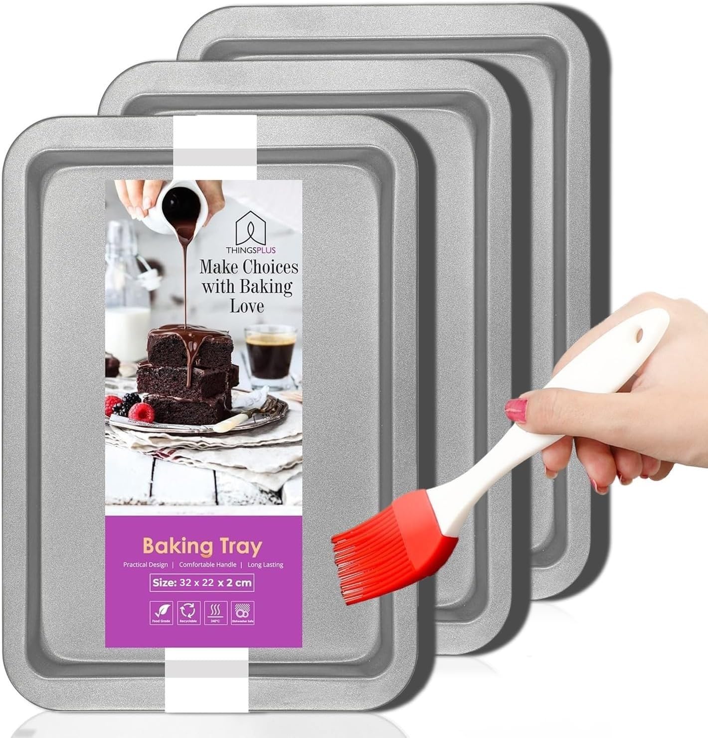 ThingsPlus Set of 3 Baking Trays for Oven Non Stick, Premium Carbon Steel Oven Trays Non Stick with Teflon Coating, Durable & Easy-Clean NonStick Baking Tray Set for Cookies & Savories (32x22x2cm)