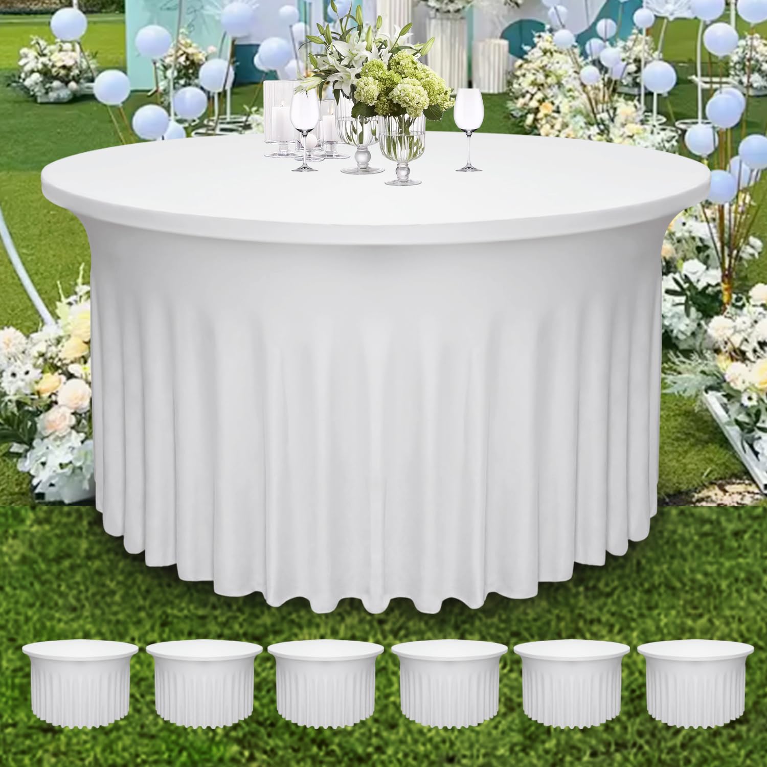 Photo 1 of 6-Pack 60" Diameter x 30" Height White Round Table Skirts for 5FT Tables | Wrinkle & Stain Resistant Polyester Spandex Tablecloths with Elastic Fit | Ideal for Weddings, Parties, Banquets, Dining