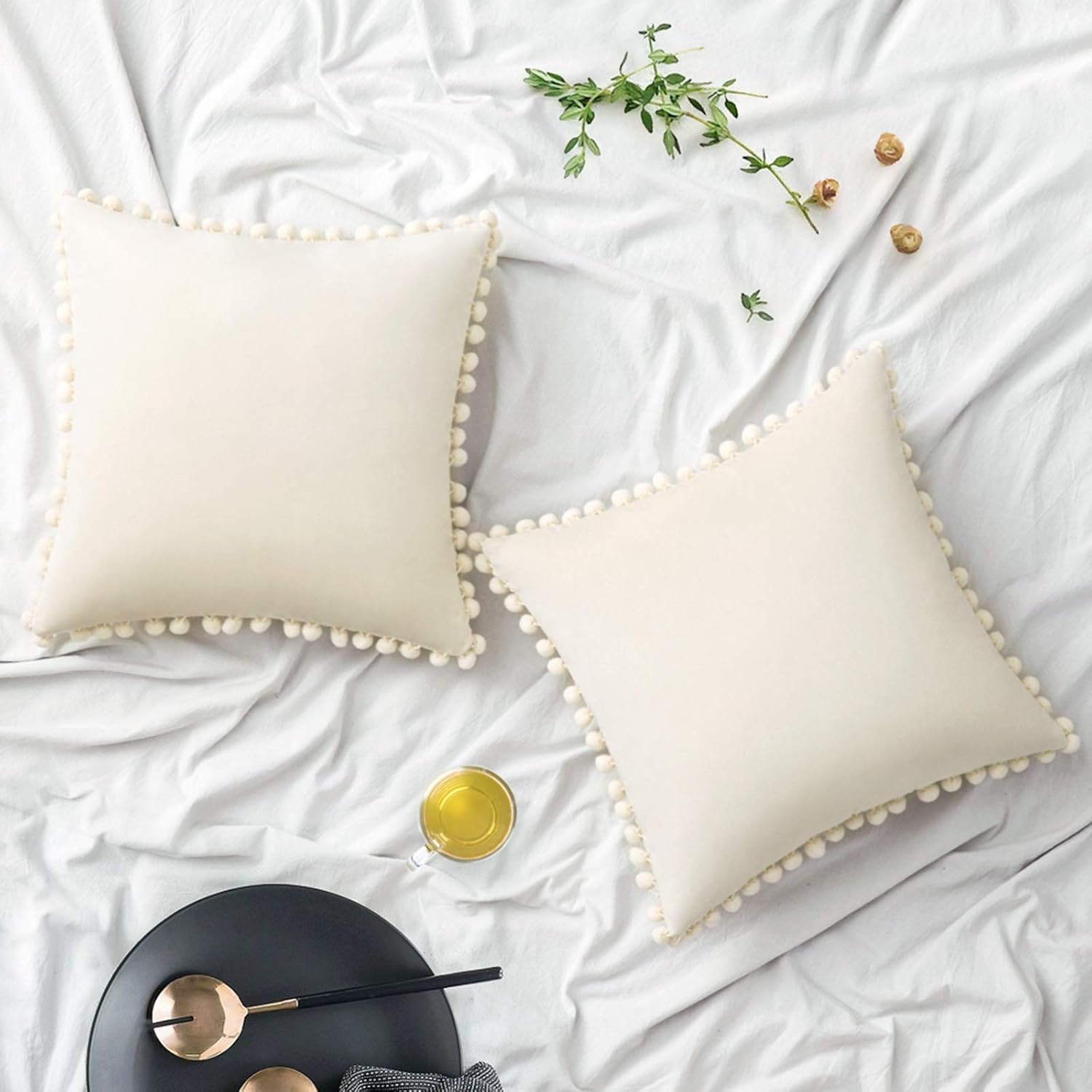 Woaboy Pack of 2 Velvet Throw Pillow Covers Pompom Decorative Pillowcases Solid Soft Cushion Covers with Poms Square for Couch Sofa Bedroom Car 20x20inch 50x50cm Cream White