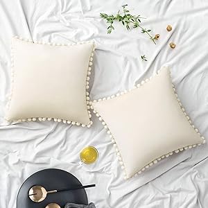 Woaboy Pack of 2 Velvet Throw Pillow Covers Pompom Decorative Pillowcases Solid Soft Cushion Covers with Poms Square for Couch Sofa Bedroom Car 20x20inch 50x50cm Cream White