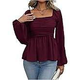 Floerns Women's Bishop Long Sleeve Ruched Square Neck Ruffle Hem Peplum Blouse Top