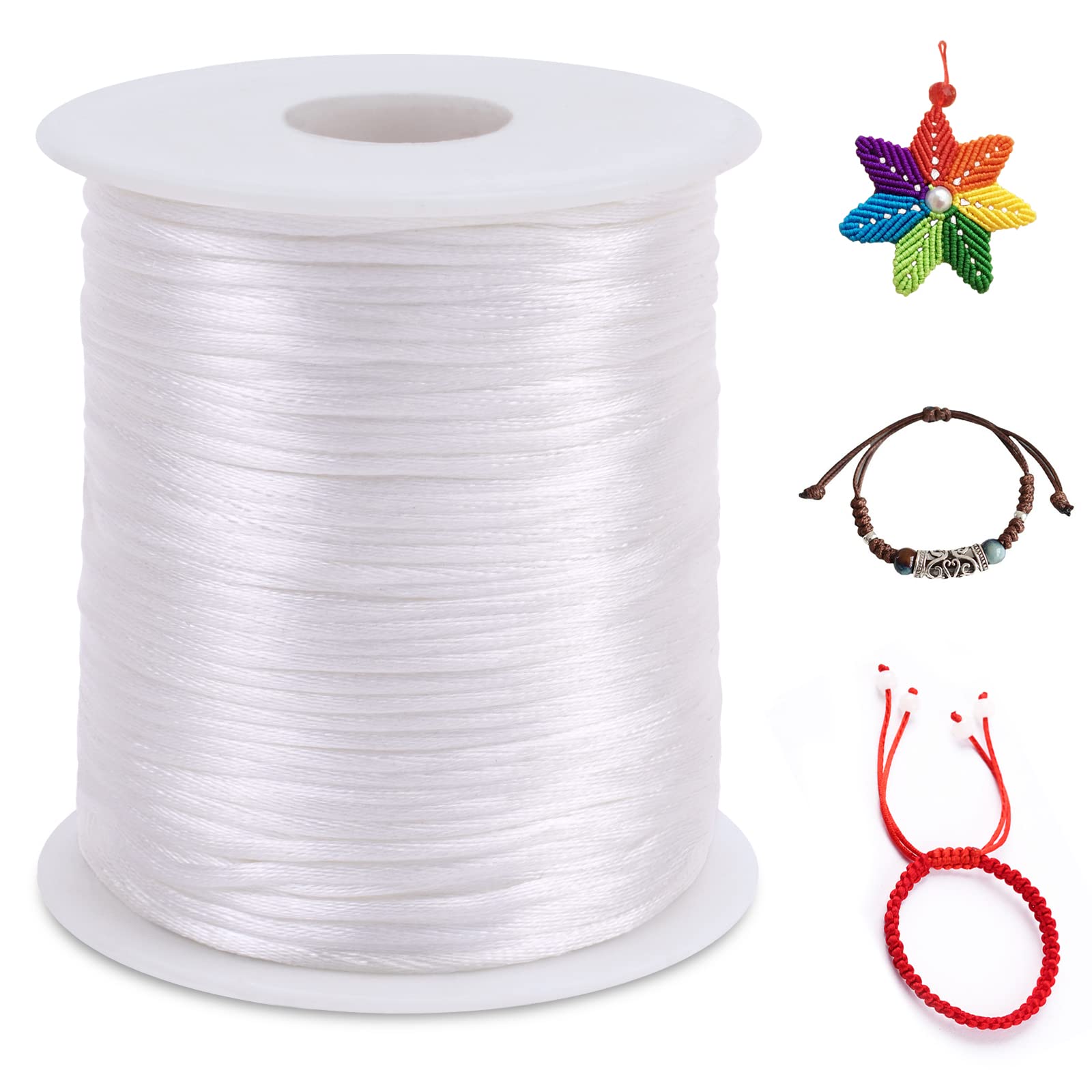 LEREATI Nylon Cord 2.5mm x 100m, Satin Cord Nylon String Macrame Cord, Coloured Beading Thread String for Making Bracelet, Necklace, Chinese Knot, Jewellery (White)