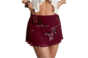 SweatyRocks Women's Sequin Mini Skirt Y2K Sparkly Beaded Floral Embroidery Skirts