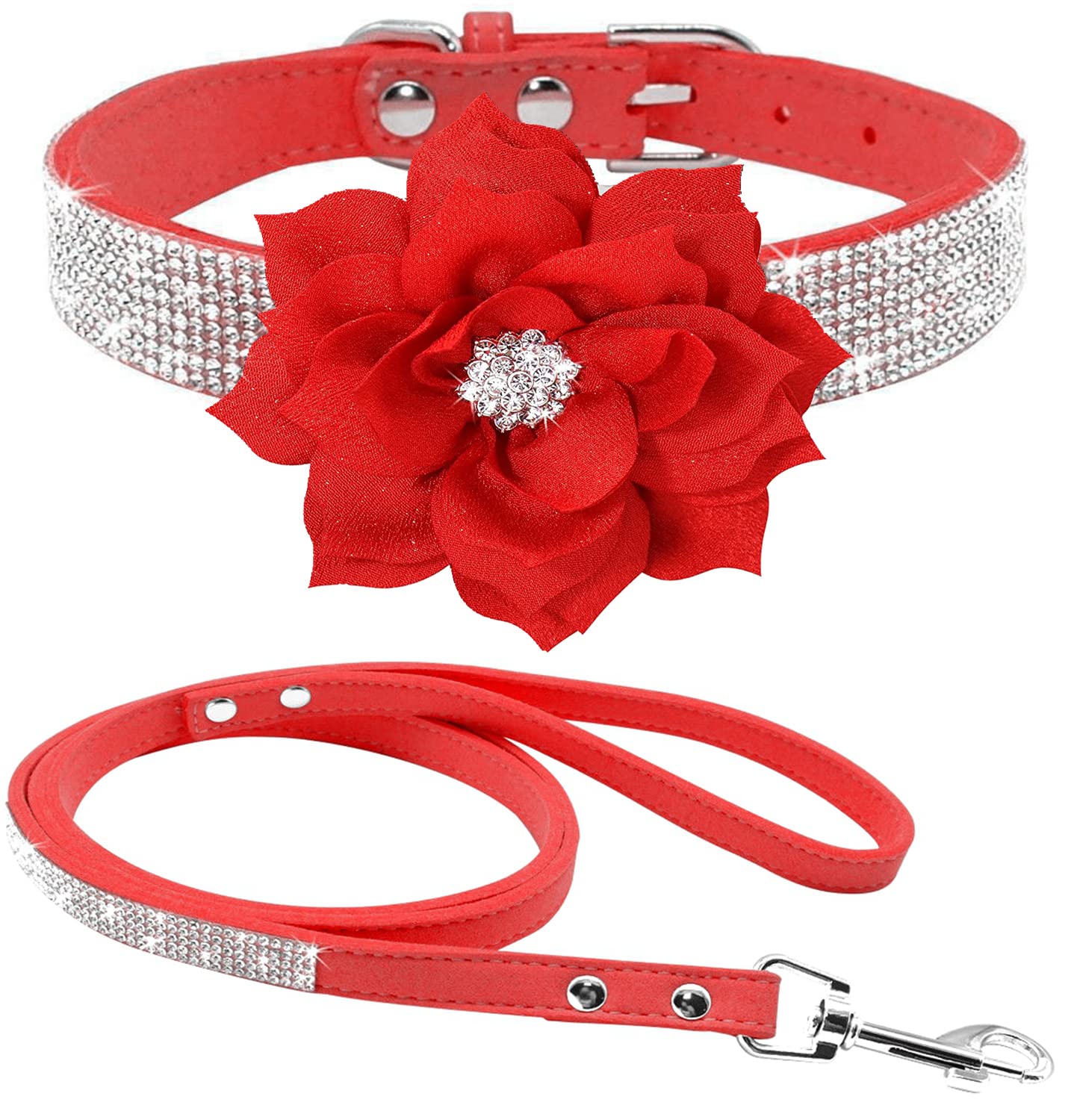 haoyueer Rhinestone Dog Collar, Cute Dazzling Sparkling Soft Suede Leather Dog Cat Rhinestone Collar Leash Crystal Diamond Pet Dog Puppy Collar (L, Red-6)