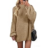Wenrine Womens Oversized Sweater Dress Casul Puff Long Sleeve Crewneck Knit Fall Mini Dresses Loose Pullover Tops Khaki