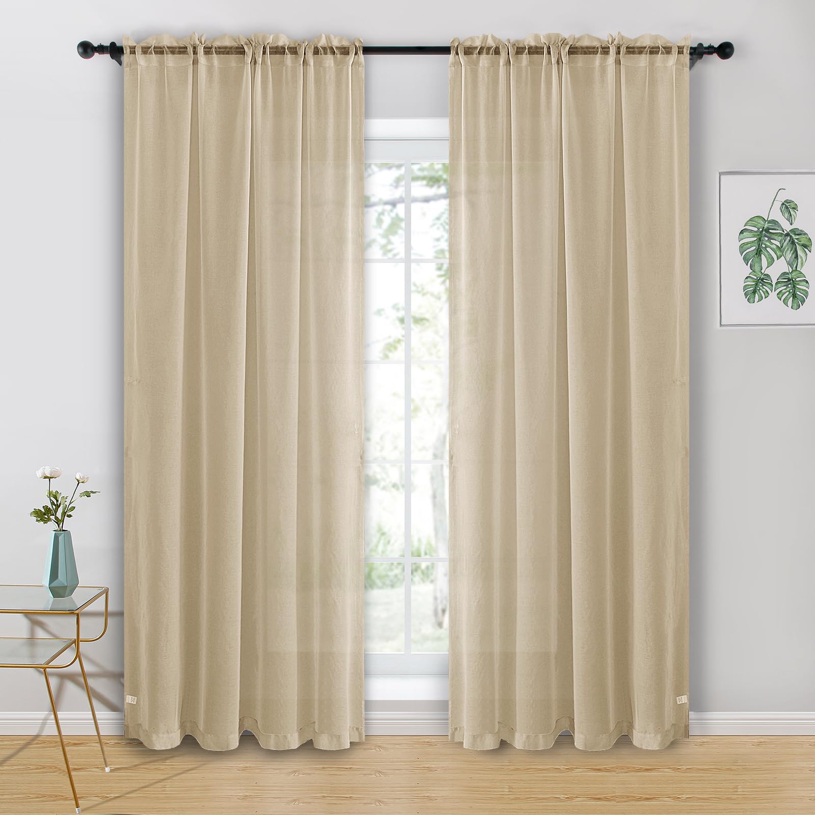 Hiasan Beige Sheer Curtains for Living Room Voile Curtain for Bedroom Net Curtains for Window With Tiebacks 55 X 72 Inch drop 2 Panels Rod Pocket Top