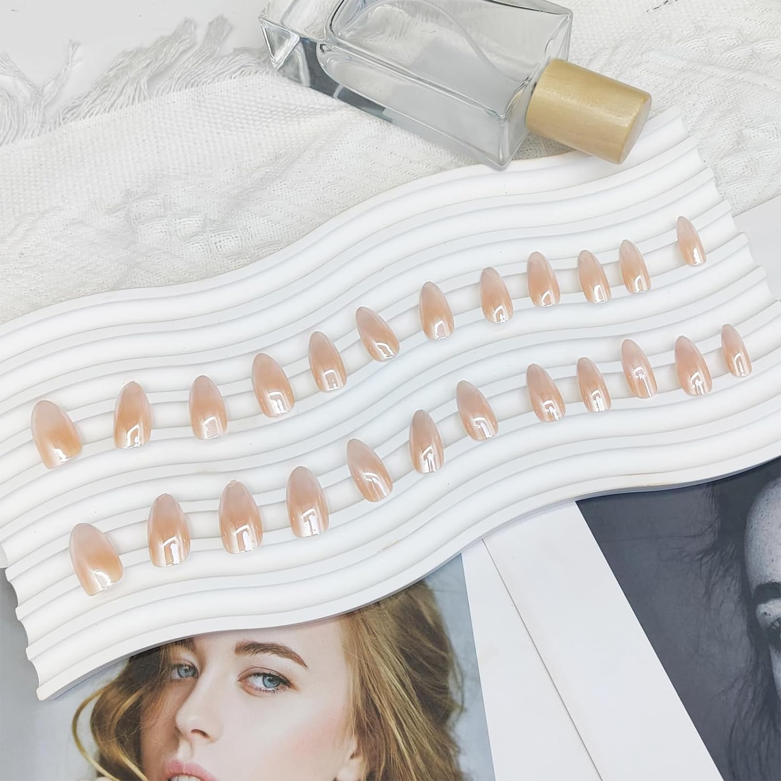 YOSOMMK Chrome Fake Nails Almond Medium Press on Nails with Mirror Designs Glossy Ombre Nude False Nails Stick on Acrylic Nails for Women - Image 6