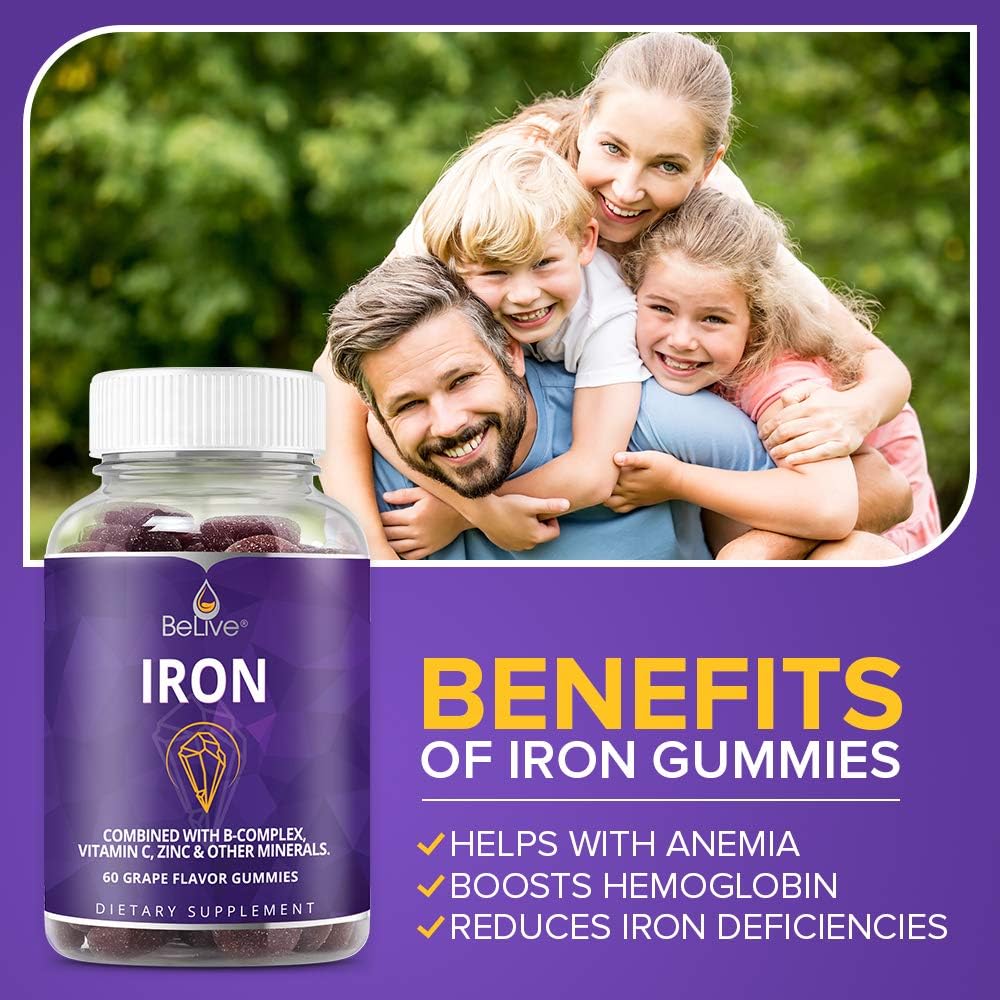 Iron Gummies with Vitamin C & A, Vitamins B Complex, Zinc, Multivitamin for Kids and Adults - Ideal for Sensitive Stomachs - Non-Constipating - 60 Vegan Chewable Gummy: Health & Personal Care