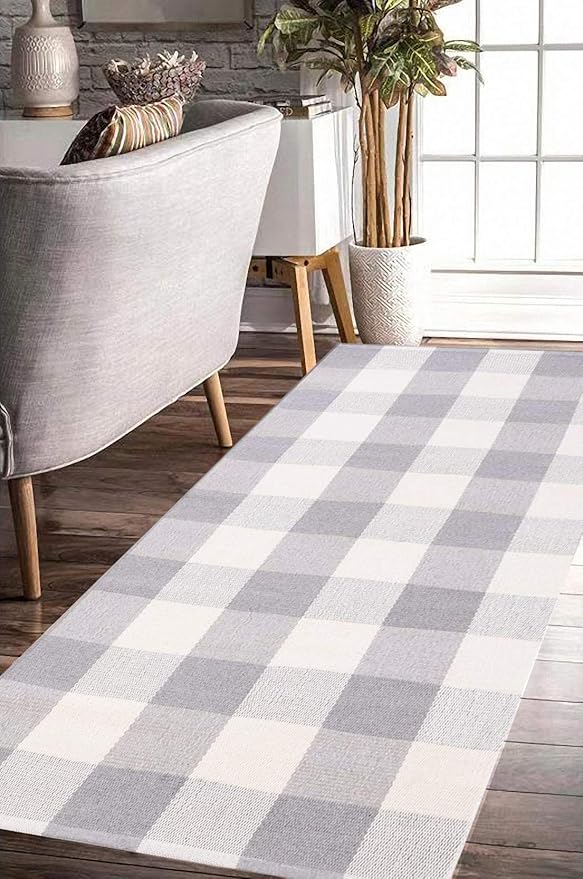 EARTHALL Buffalo Plaid Rug Grey and White Rug Cotton, Hand