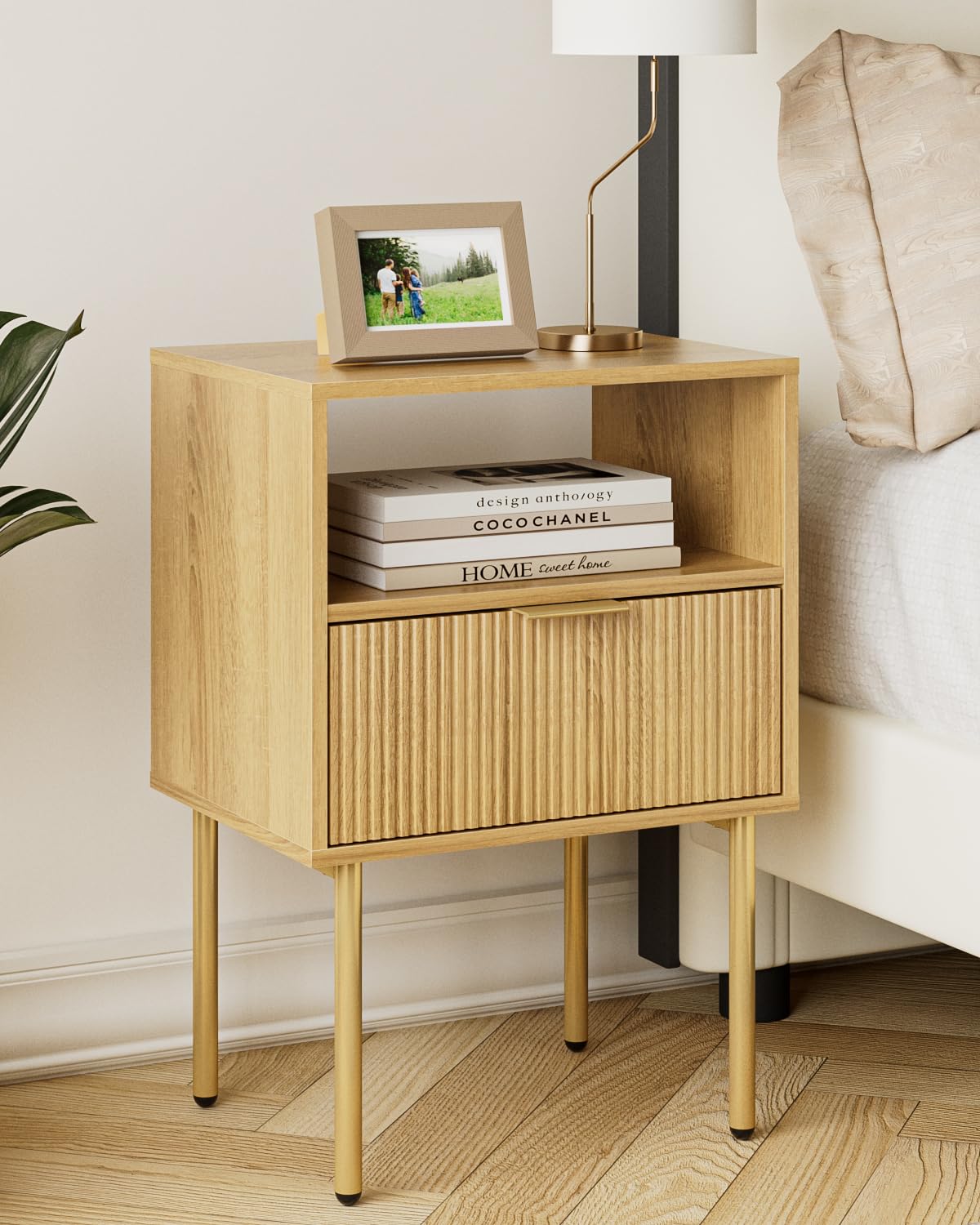 Photo 1 of Aienvey Night Stand, Modern Nightstand with Drawers, Bedside Table, Gold Small Side Table for Bedroom, Living Room End Table (Oak Stripe, 1 Drawer)