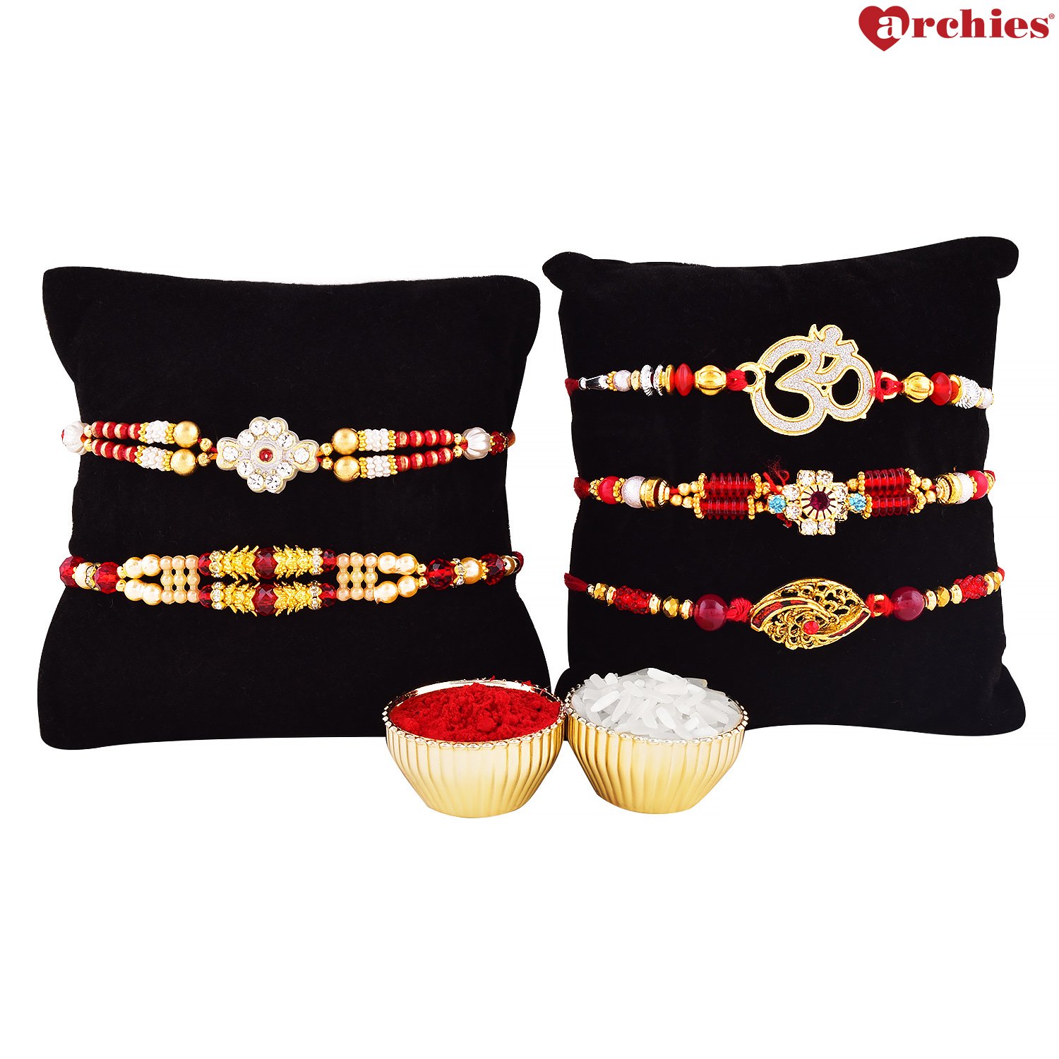 archies rakhi gift for brother, designer rakhi set of 5 & roli-tika combo