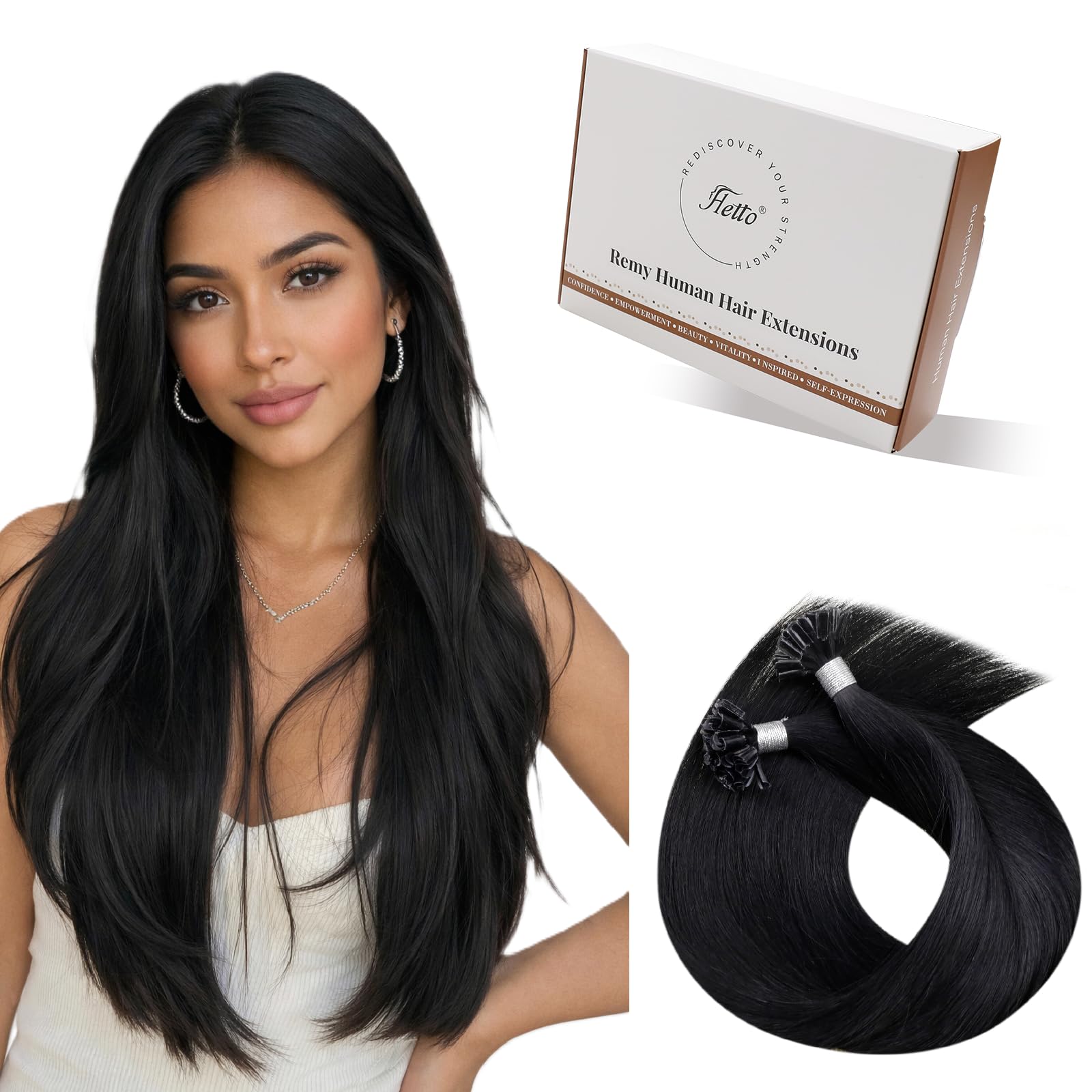 Hetto K Tip Hair Extensions Real Human Hair Straight 16 Inch #1 Natural Black 50g 50strands - U Tip Keratin Prebonded Hot Fusion for Women Daily Wear