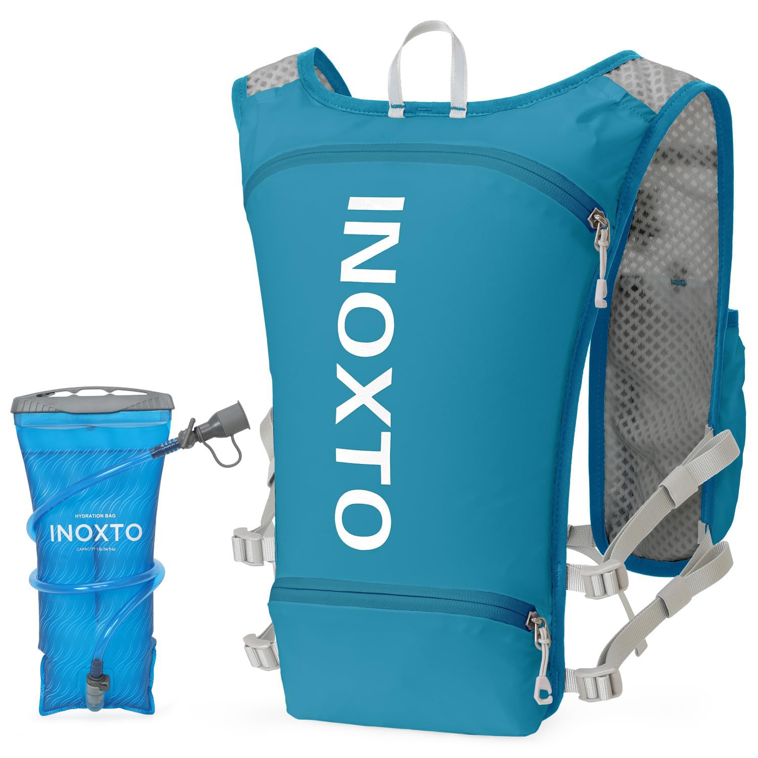 Photo 1 of INOXTO Running Hydration Vest Backpack,Lightweight Pack with 1.5L Water Bladder and 250ml Soft Flask Daypack for Hiking Trail Running Cycling Race Marathon for Women Men (Blue, Standaed)