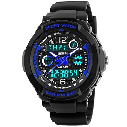 Kids Sport Outdoor Digital Unusual Analog Quartz Dual Time Zone Waterproof PU Resin Band Watch with Chronograph Alarm Classic Design Calendar Date Window for Boys Girls Children - Blue