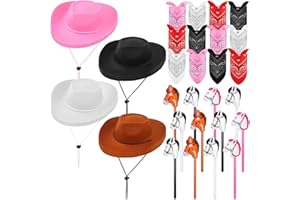 OBANGONG 36 Pcs Cowboy Party Costume Set Include 12 Western Party Hats 12 Inflatable Stick Horses and 12 Paisley Bandana Bulk Western Accessories for Cowgirl Birthday Cosplay Party Supplies