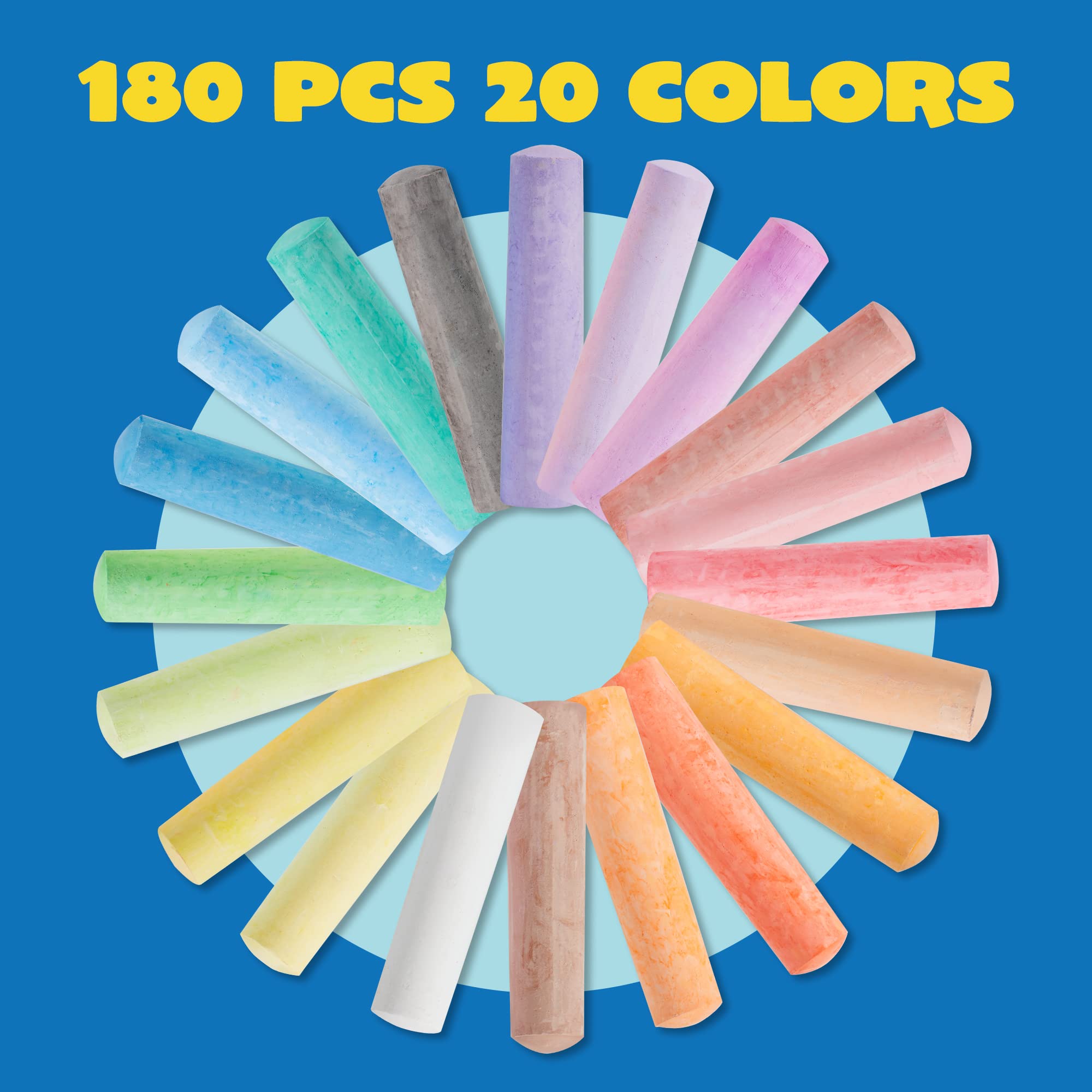 JOYIN 180 PCS Washable Sidewalk Chalks Set in 20 Colors Non-Toxic Jumbo Chalk for Outdoor Art Play, Painting on Chalkboard, Blackboard and Playground
