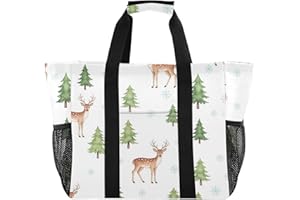 Lxqimora Reusable Grocery Bags Christmas Deer Tree White Pattern Tote Bag, Large Foldable Shopping Tote for Groceries with Re