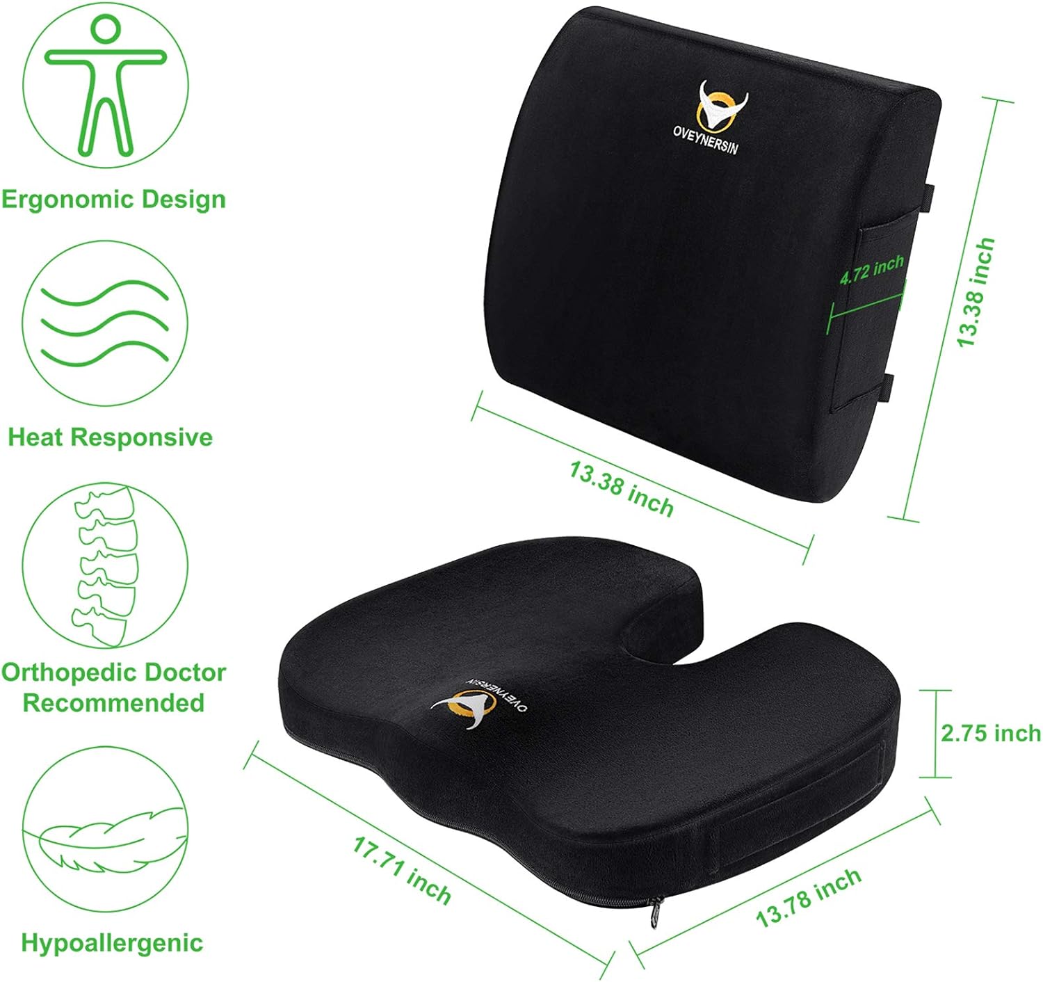 OVEYNERSIN Seat Cushion & Lumbar Support Pillow Set - Comfortable Memory Foam Seat Pad Set - Relieves Back, Hip, Tailbone, Sciatica Pain - for Office Chair, Car Seat, Desk Chair : Office Products