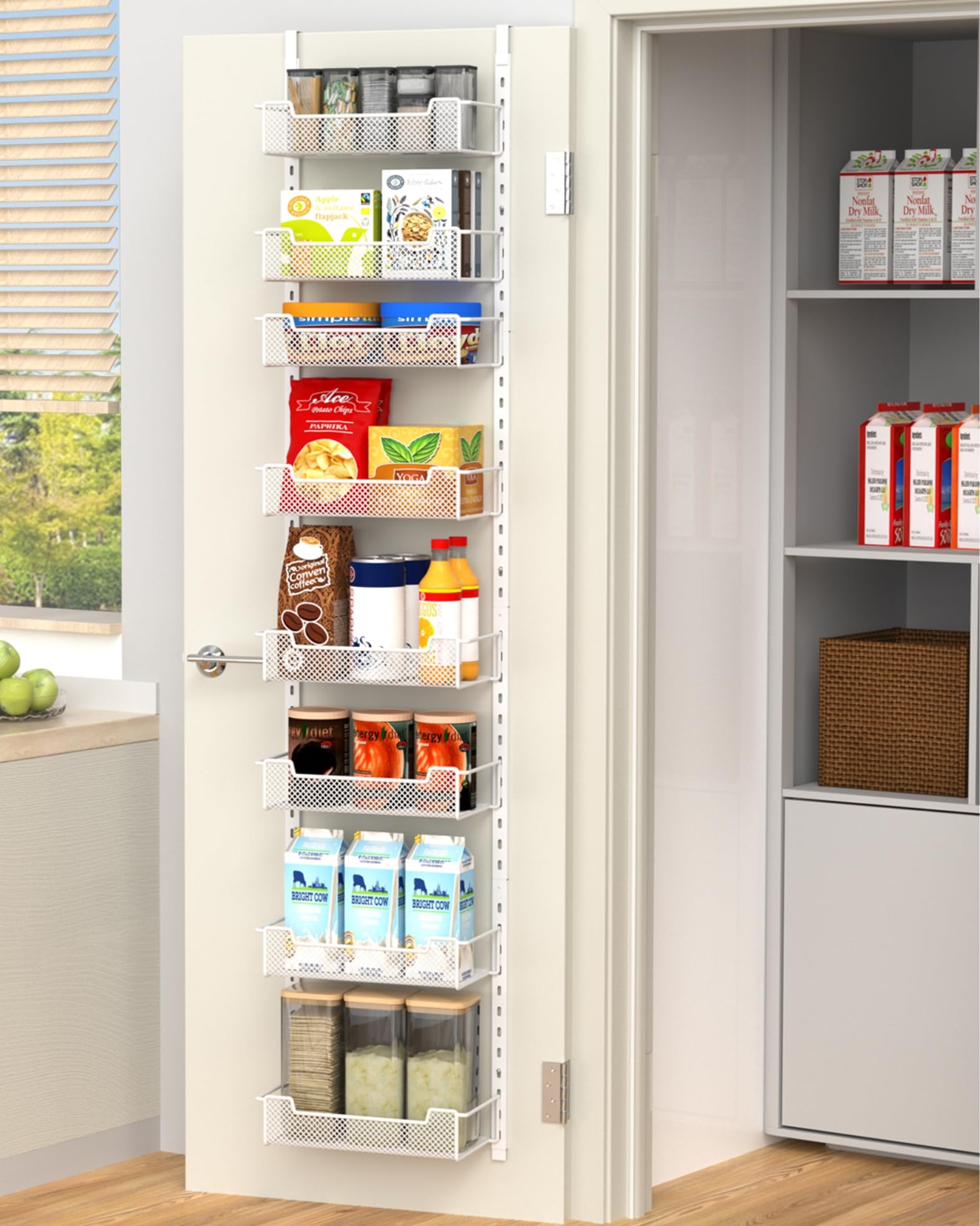 Photo 1 of ***MISSING HARDWARE -SELLING AS IS*** VyGrow 12.3" W Narrow Over the Door Pantry Organizer, 8-Tier Over the Door Organizer with Adjustable Basket, Pantry Door Organization for Pantry Kitchen Storage Room Spice Rack, White